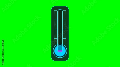 Vertical digital thermometer graphic icon with glowing blue light on green screen background