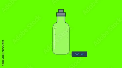 Green liquid bottle graphic animation concept with measurements on a vibrant chroma key green background
