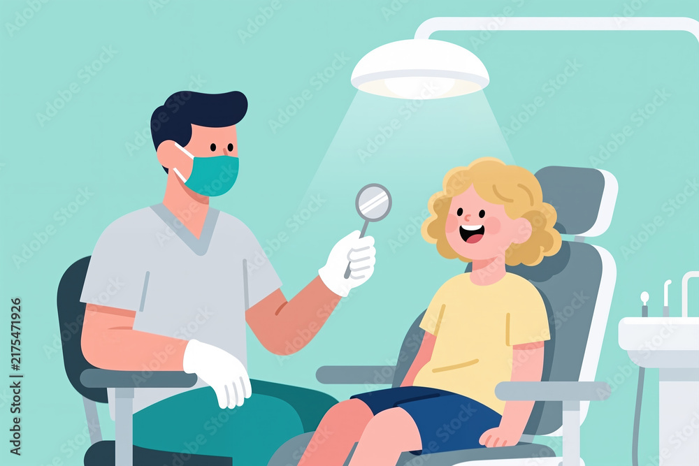 Obraz premium Dentist in a mask and gloves holds a mirror to examine a smiling child sitting in a dental chair under a bright light, wearing casual clothes.