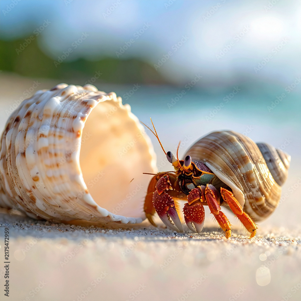 Obraz premium A charming hermit crab explores a sundrenched tropical beach, finding a new home beside an empty seashell. This serene, macro nature scene features nobody, evoking themes of growth and change.