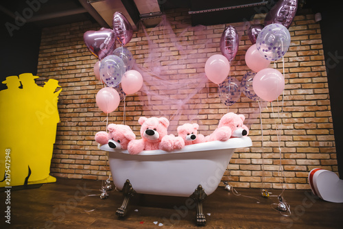 Konstfotografi Pink Teddy Bear Bath Time Celebration: A whimsical scene unfolds with several adorable pink teddy bears enjoying a bubble bath in a vintage clawfoot tub