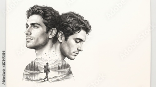 Double exposure portrait of a man with a mountain hiker silhouette in black and white