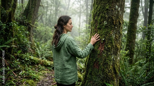 Woman practicing a forest bathing wellness ritual while touching a mossy tree trunk.