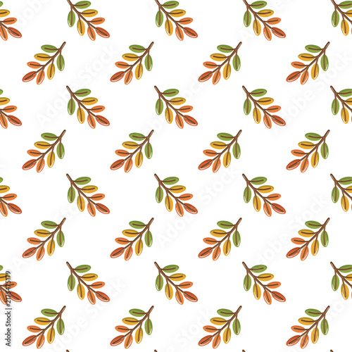 Seamless pattern with colorful autumn leafy branches on white background. Seasonal botanical print. 