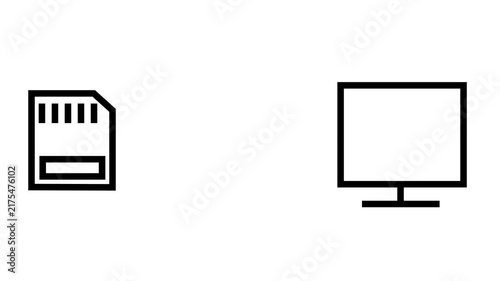 Animation of folder transferring from SD card to computer monitor. Black outline on white background.