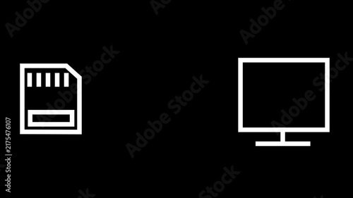 Animation of folder transferring from SD card to computer monitor. White outline on black background.