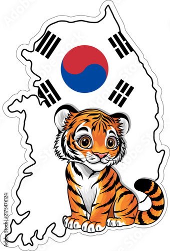 South Korea Map Sticker with Cute Tiger and Korean Flag Cartoon Vector Illustration