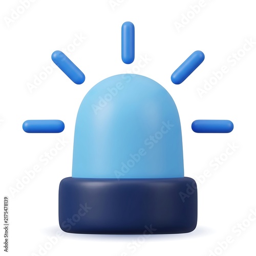 Blue emergency siren light 3D icon isolated on white background with emergency flashing security protection
