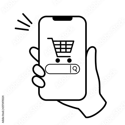 Hand holding smartphone with shopping cart and search icon