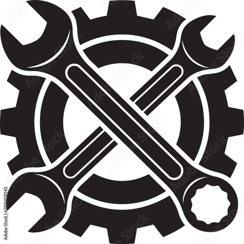 Industrial gear and crossed wrenches icon in black silhouette for mechanical engineering and workshop branding use.
