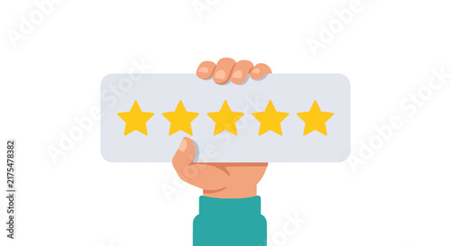 Hand holding five stars rating icon for customer feedback and satisfaction