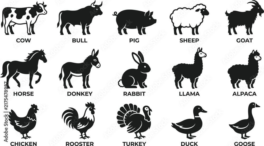 Fototapeta premium Farm Animal and Poultry Silhouette Icon Set with Livestock and Rural Animal Symbols