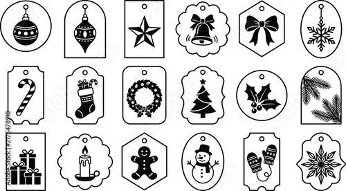 Christmas and Winter Decorative Badge Icon Collection with Festive Ornaments and Holiday Symbols