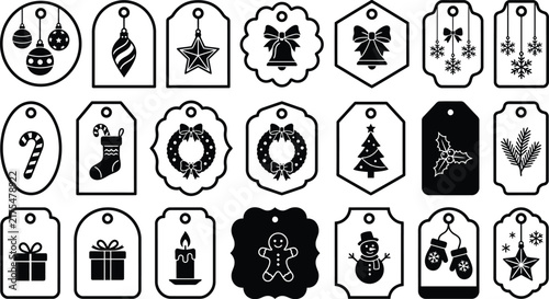 Christmas and Winter Decorative Badge Icon Collection with Festive Ornaments and Holiday Symbols
