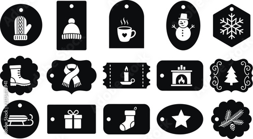 Christmas and Winter Decorative Badge Icon Collection with Festive Ornaments and Holiday Symbols