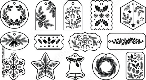 Botanical and Festive Decorative Badge Collection with Floral Nature and Seasonal Emblems