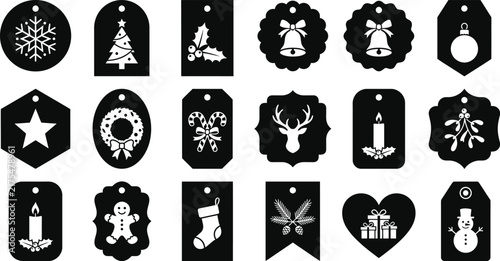 Christmas and Winter Filled Badge Icon Collection with Snowflakes Trees Gifts and Festive Symbols