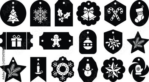 Christmas and Winter Filled Badge Icon Collection with Festive Ornaments and Holiday Symbols