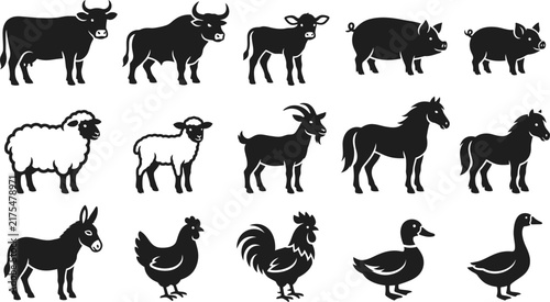 Farm Animal and Poultry Silhouette Icon Set with Livestock and Rural Bird Symbols