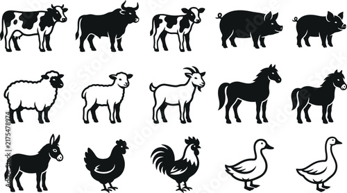 Farm Animal and Poultry Silhouette Icon Set with Livestock and Rural Bird Symbols