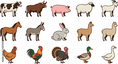 Colored Farm Animal and Poultry Icon Set with Livestock and Rural Animal Symbols