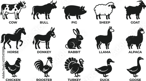 Farm Animal and Poultry Silhouette Icon Set with Livestock and Rural Animal Symbols