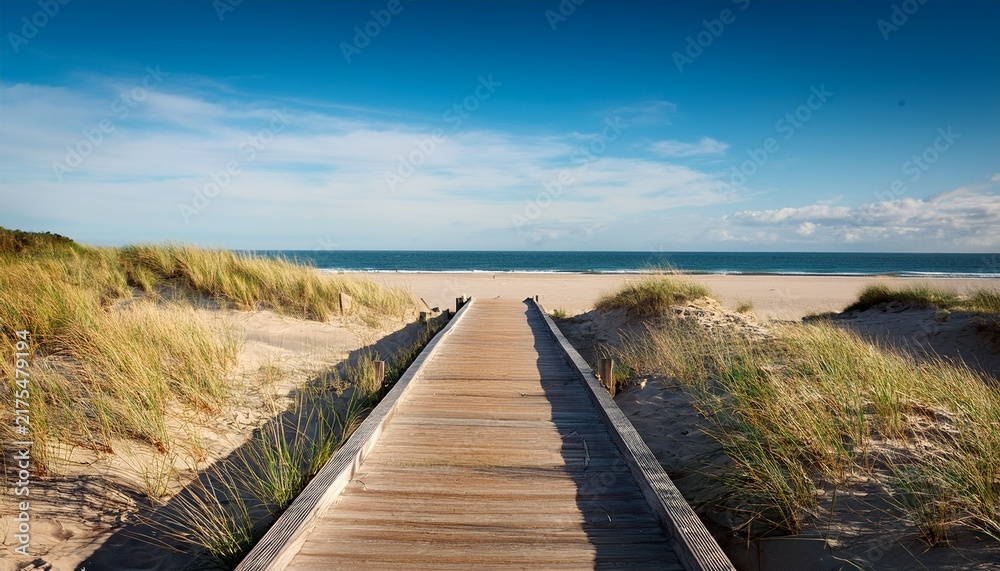 Obraz premium A Serene Wooden Boardwalk Leads To A Sandy Beach