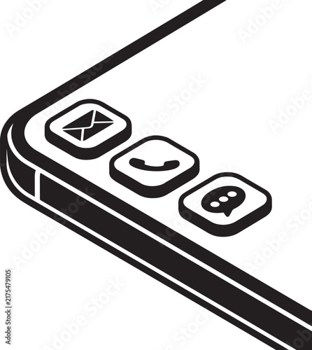 Smart phone corner isometric view with communication icons perfect for app development mobile interface UI design.