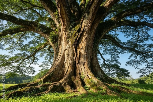Majestic centuries-old giant tree standing tall in a sunlit green meadow, featuring an enormous rough-barked trunk with deep cracks, moss patches, and massive spreading roots anchored in the earth. 
