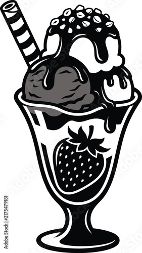 Ice cream sundae with chocolate sauce straw and strawberry vector graphic for dessert menu cafe and sweet shop logo.