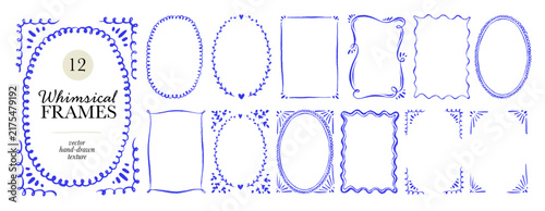 Whimsical blue doodle frames and border collection. Hand drawn vector decorative Italian or mediterranean frames. Cute whimsical decoration. Scallop, squiggly and wavy wedding invitation borders.