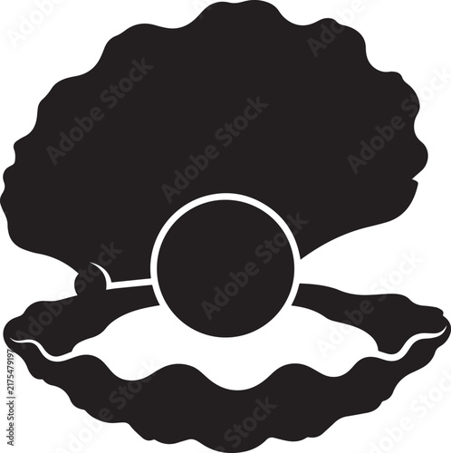 Open oyster shell with shiny pearl silhouette vector icon ideal for luxury branding marine design and jewelry store.