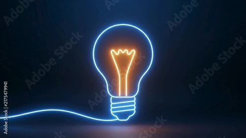 A futuristic neon animation symbolizing an innovative thought emerging from darkness and becoming fully illuminated.