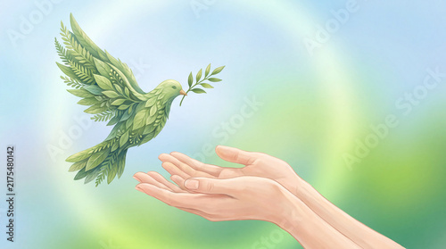A conceptual illustration of a leaf-shaped dove holding an olive branch, symbolizing peace, nature conservation, and hope, being released by two human hands.