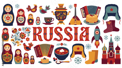 Foto Russian cultural symbols and landmarks, festive holiday elements.
