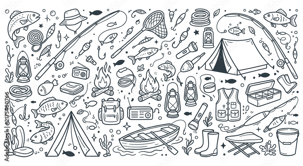 Fototapeta premium Camping and fishing equipment outline set for adventure.