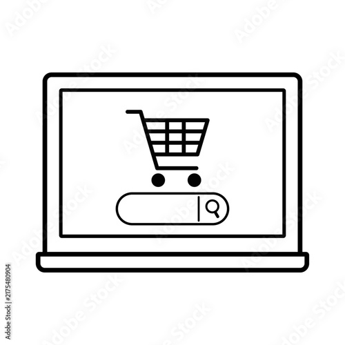 Laptop screen with shopping cart and search bar icon