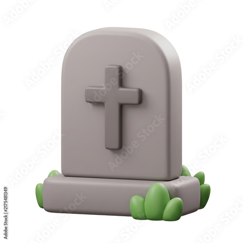 3D gravestone with cross and green bushes on white background gravestone tombstone cemetery memorial