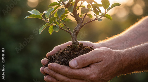 A close-up view of mature hands holding a small green tree sapling with rich soil at sunset, symbolizing environmental conservation, sustainability, and growth.