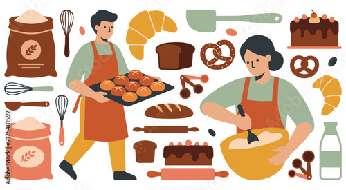 Bakers preparing fresh bread and pastries in workshop.