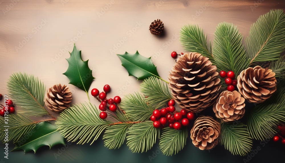 Obraz premium Merry Christmas Vintage Pine Cones And Holly Branches Holiday Background