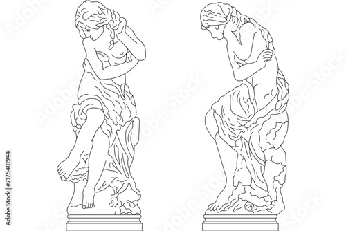 Foto Technical CAD line drawing of a classical seated female statue showing three-quarter and side elevation views with draped garments on a pedestal base