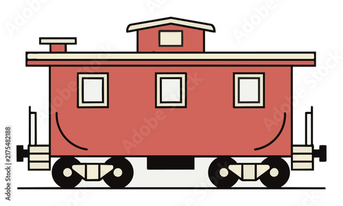 Minimalist line art icon of a vintage caboose train car in side view with clean monoline outlines on white background. Transport and logistics concept