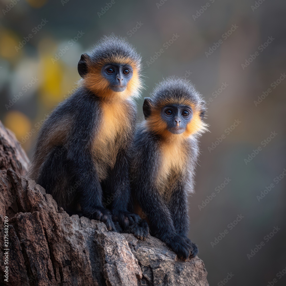 Fototapeta premium Two young langur monkeys with fluffy dark fur