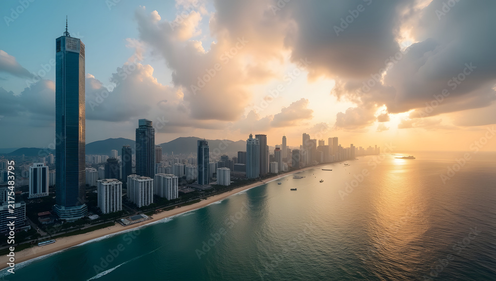 Fototapeta premium Wide Panoramic Aerial View of Modern Coastal Metropolis City Skyline at Sunset