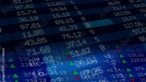 Canvastavla Financial data, digital stock market ticker board screen showing fluctuating share prices, and exchange trading numbers