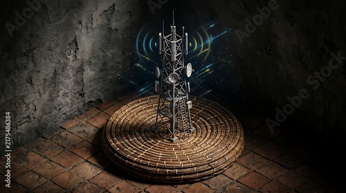 Industrial Radio Tower Model on Woven Base in Dim Room