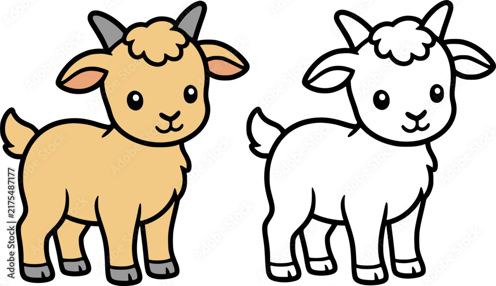 Obraz premium Goat kid illustration icon in line art style and colored, coloring page for kids