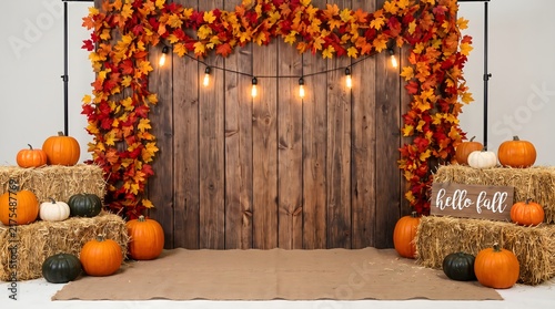 Festive Thanksgiving autumn studio backdrop with rustic wooden walls, hay bales, glowing string lights, and bright orange pumpkins ready for seasonal photography