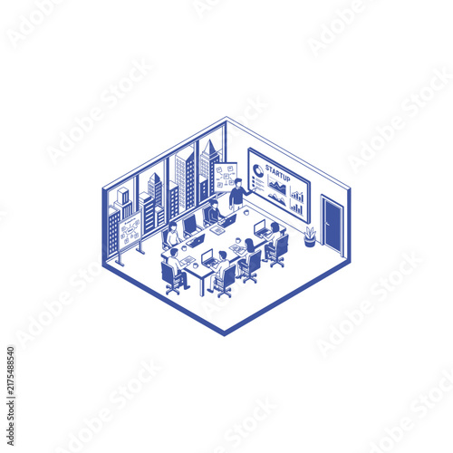 Isometric Business Meeting Room With City View And Presentation